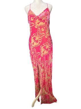 NEVER FULLY DRESSED Shay Slip Maxi Dress Pink Nude Velvet High Slit 8 NWT